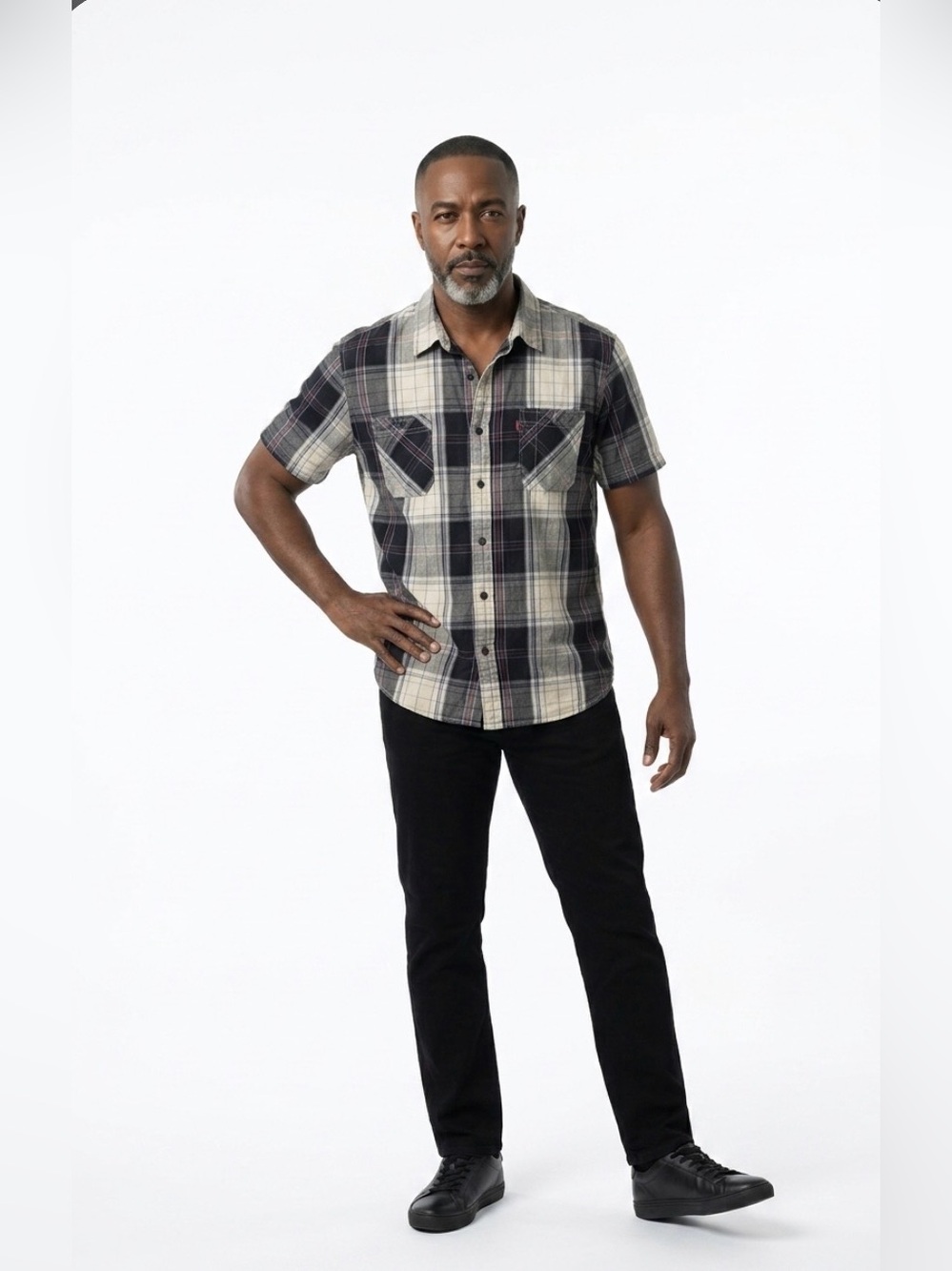 Levi's Short-Sleeve Plaid Button-Down Shirt in Black and Cream
